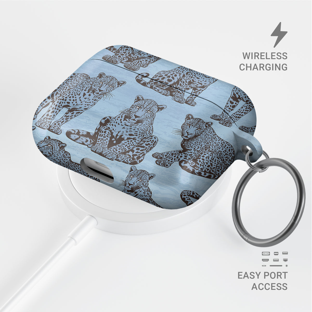 Dappled Darling AirPods Case with illustrated chocolate-brown leopards on powder blue from the Wild Atelier collection.