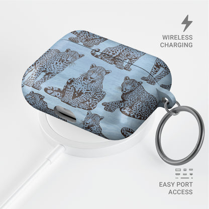 Dappled Darling AirPods Case with illustrated chocolate-brown leopards on powder blue from the Wild Atelier collection.