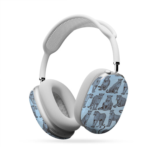 Dappled Darling AirPods Max Covers with illustrated chocolate-brown leopards on powder blue from the Wild Atelier collection.