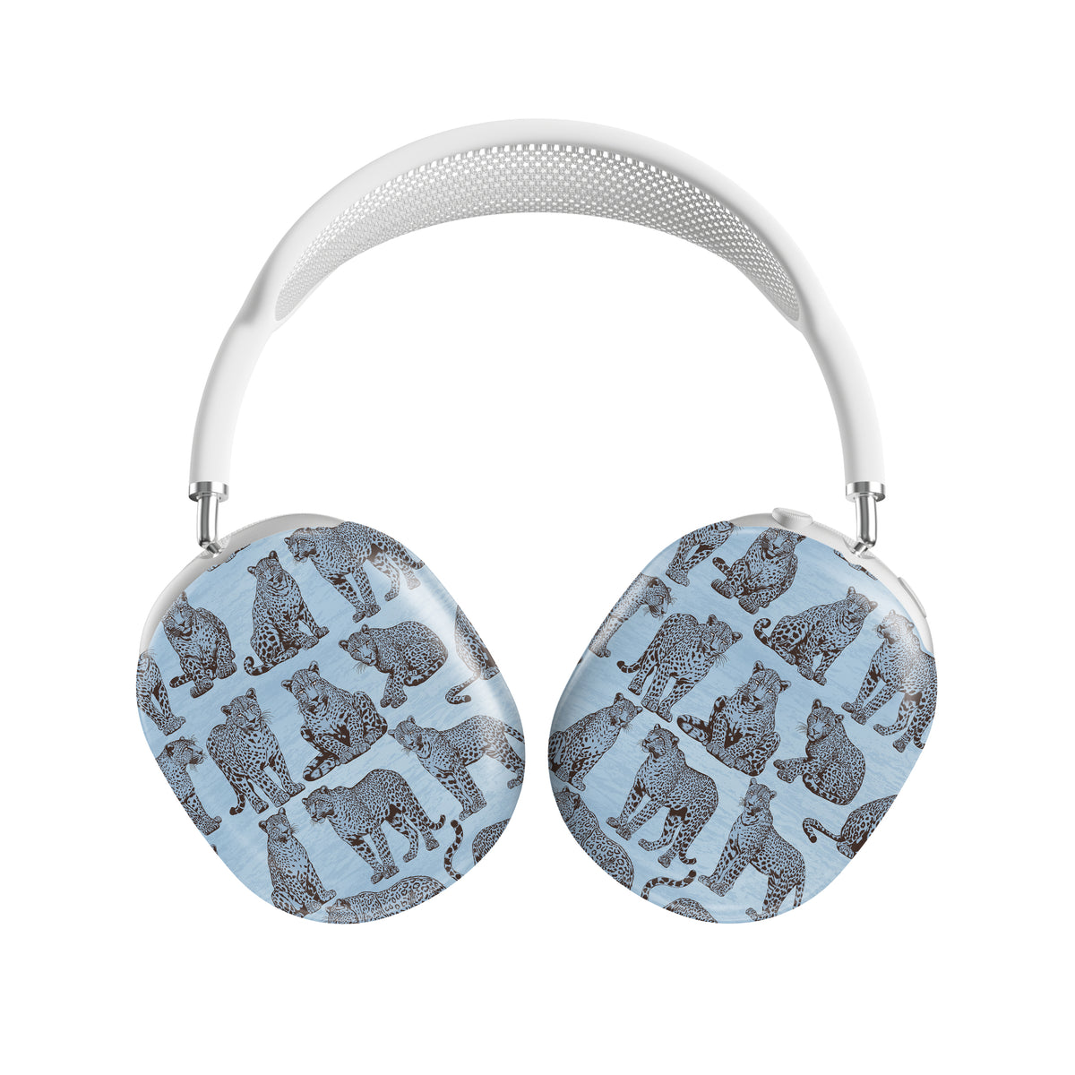 Dappled Darling AirPods Max Covers with illustrated chocolate-brown leopards on powder blue from the Wild Atelier collection.