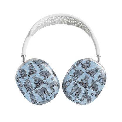 Dappled Darling AirPods Max Covers with illustrated chocolate-brown leopards on powder blue from the Wild Atelier collection.