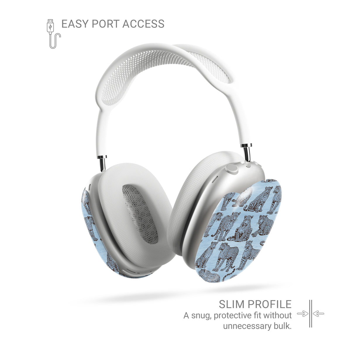 Dappled Darling AirPods Max Covers with illustrated chocolate-brown leopards on powder blue from the Wild Atelier collection.