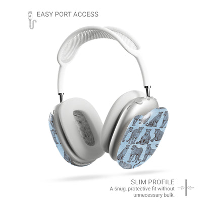 Dappled Darling AirPods Max Covers with illustrated chocolate-brown leopards on powder blue from the Wild Atelier collection.