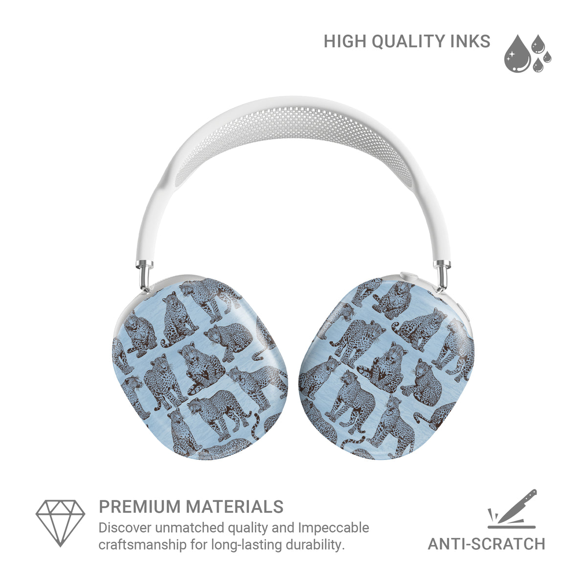 Dappled Darling AirPods Max Covers with illustrated chocolate-brown leopards on powder blue from the Wild Atelier collection.