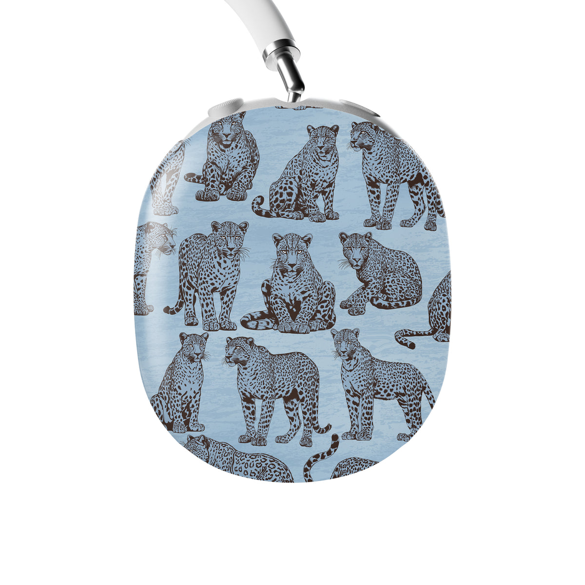 Dappled Darling AirPods Max Covers with illustrated chocolate-brown leopards on powder blue from the Wild Atelier collection.