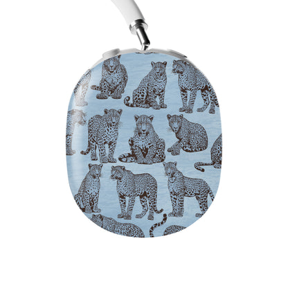 Dappled Darling AirPods Max Covers with illustrated chocolate-brown leopards on powder blue from the Wild Atelier collection.