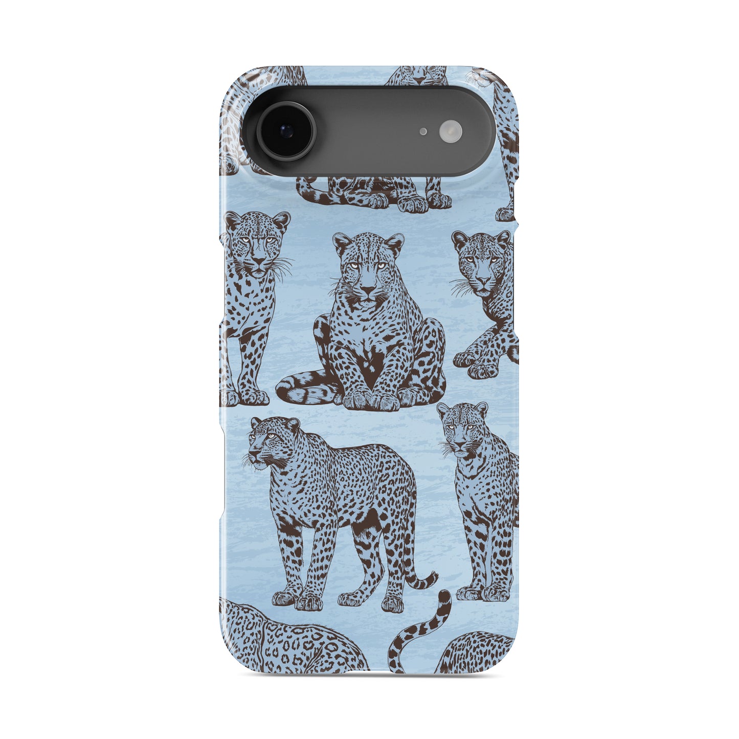 Dappled Darling Snap Phone Case with illustrated chocolate-brown leopards on powder blue from the Wild Atelier collection.
