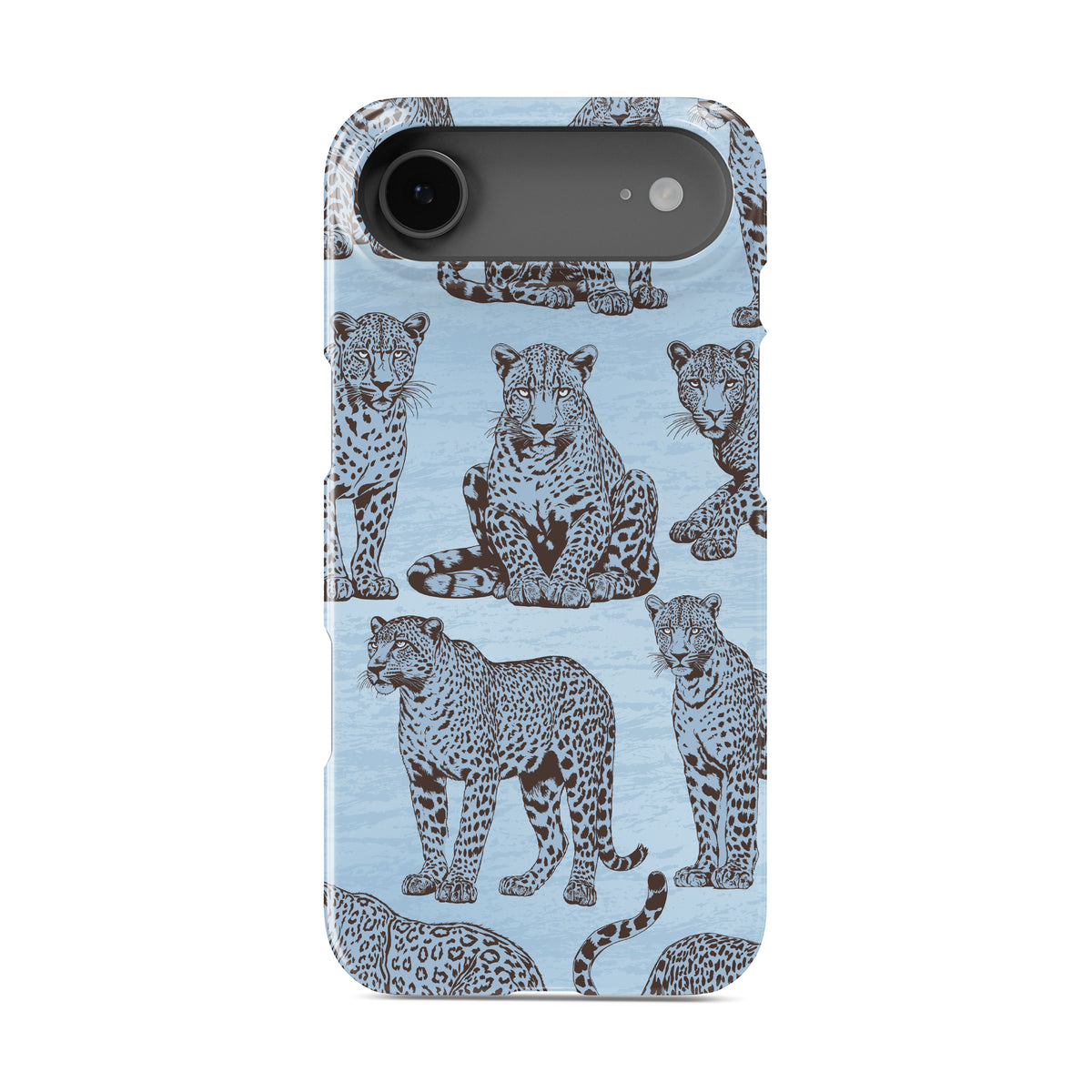 Dappled Darling Snap Phone Case with illustrated chocolate-brown leopards on powder blue from the Wild Atelier collection.
