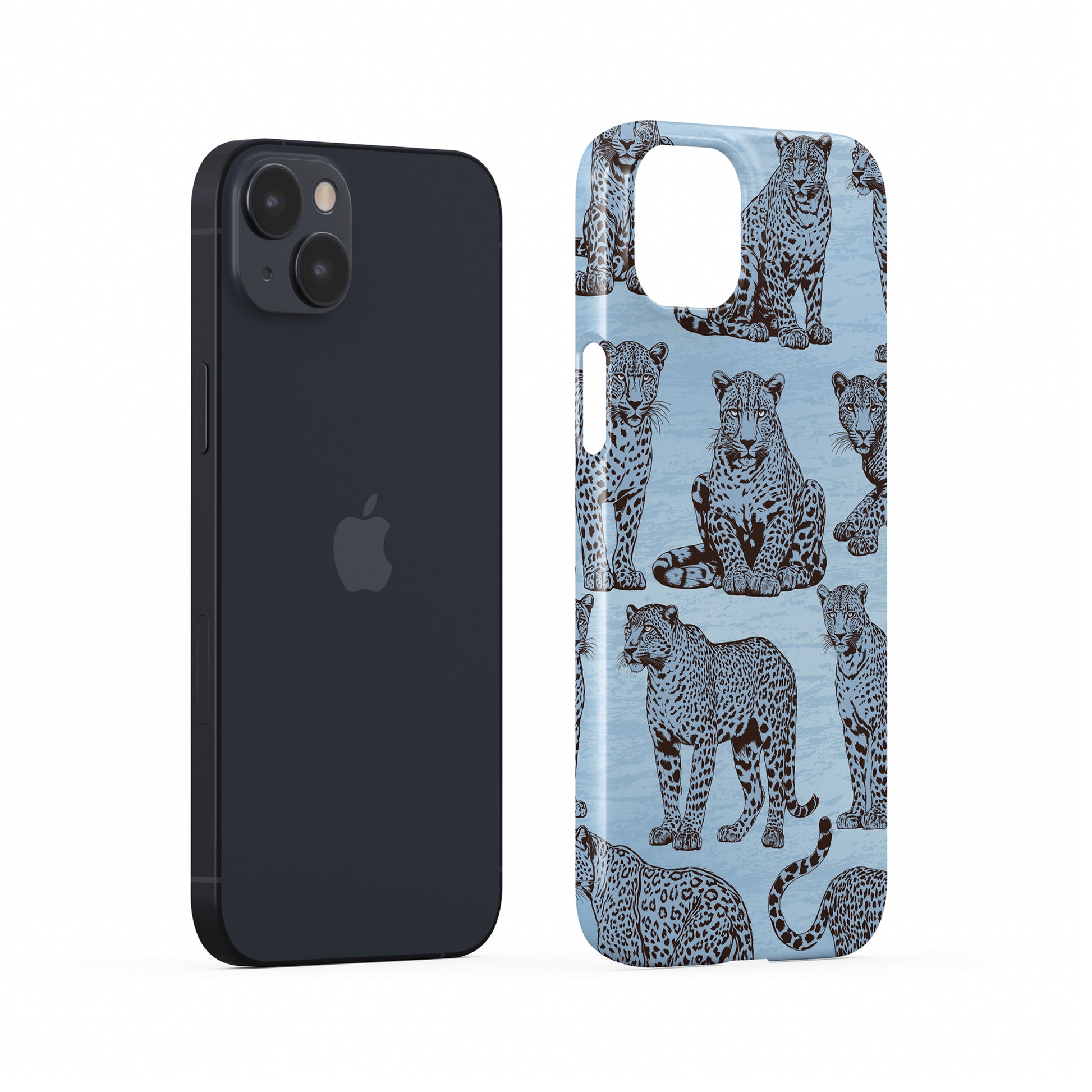 Dappled Darling Snap Phone Case with illustrated chocolate-brown leopards on powder blue from the Wild Atelier collection.
