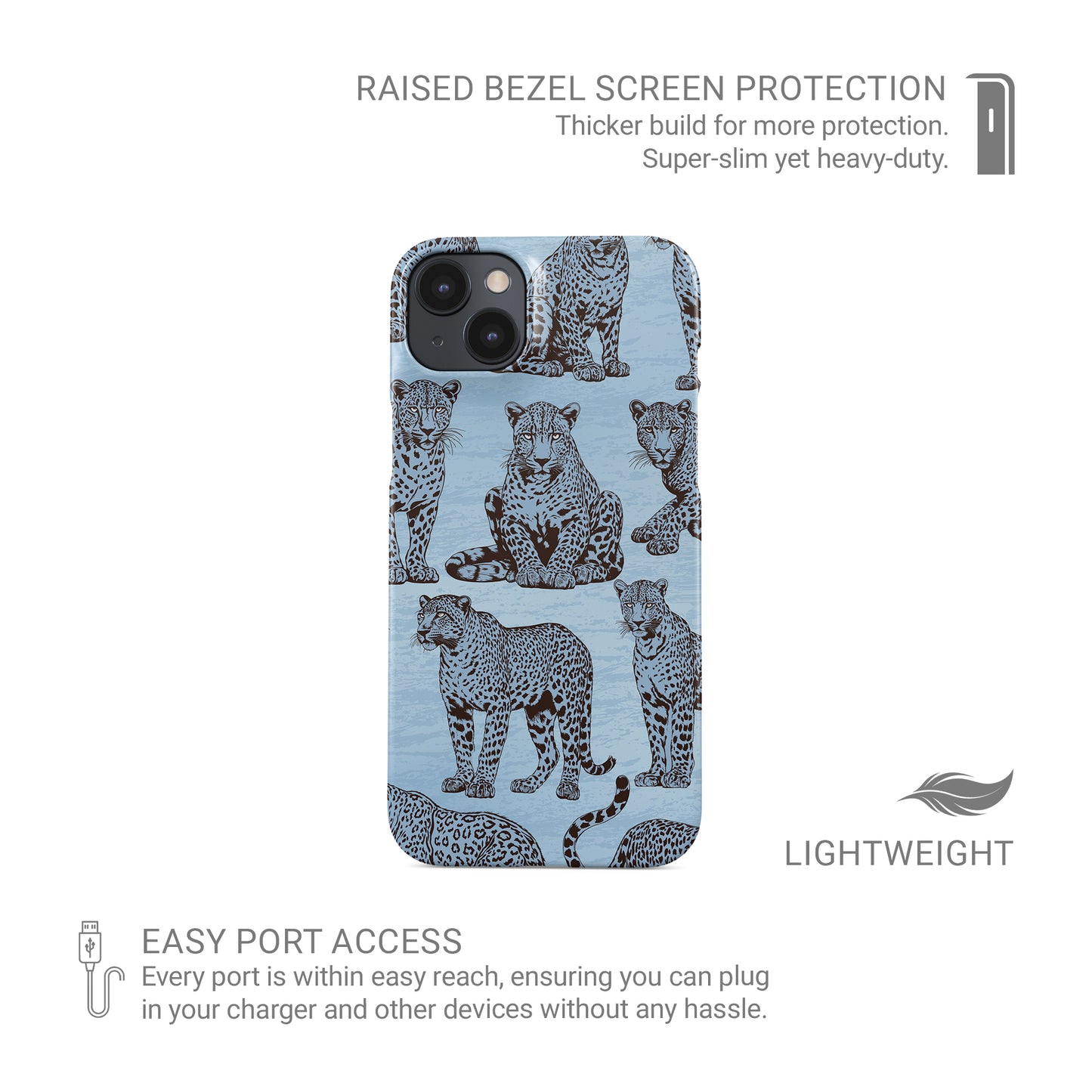 Dappled Darling Snap Phone Case with illustrated chocolate-brown leopards on powder blue from the Wild Atelier collection.
