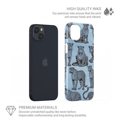 Dappled Darling Snap Phone Case with illustrated chocolate-brown leopards on powder blue from the Wild Atelier collection.
