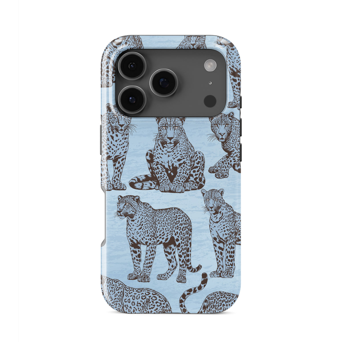 Dappled Darling Tough Phone Case with illustrated chocolate-brown leopards on powder blue from the Wild Atelier collection.
