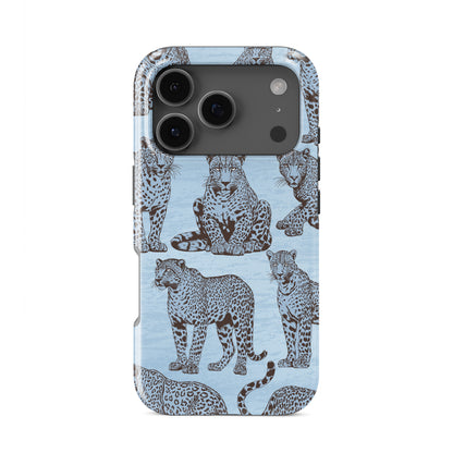 Dappled Darling Tough Phone Case with illustrated chocolate-brown leopards on powder blue from the Wild Atelier collection.
