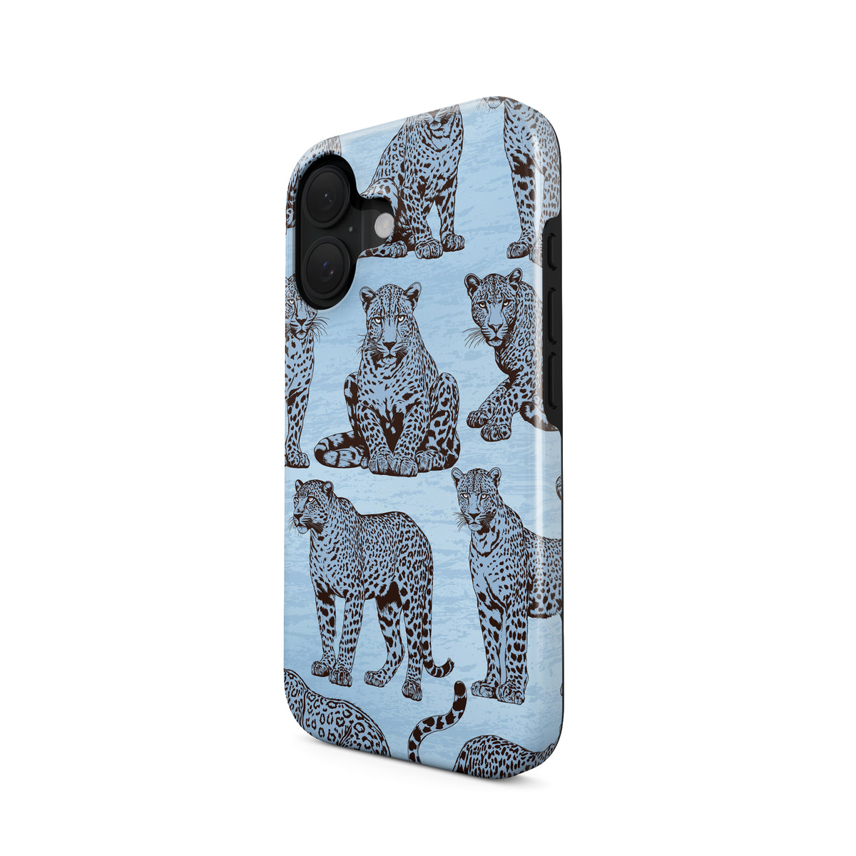 Dappled Darling Tough Phone Case with illustrated chocolate-brown leopards on powder blue from the Wild Atelier collection.
