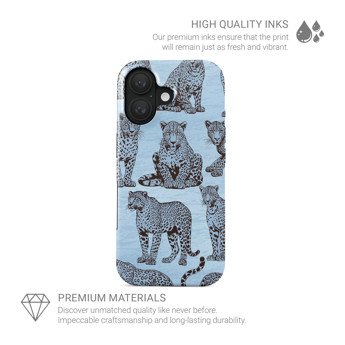 Dappled Darling Tough Phone Case with illustrated chocolate-brown leopards on powder blue from the Wild Atelier collection.
