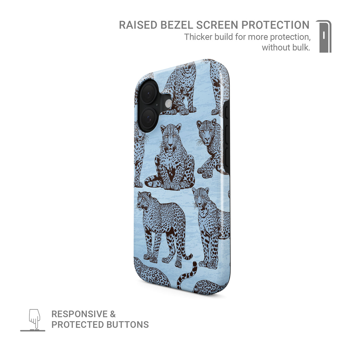 Dappled Darling Tough Phone Case with illustrated chocolate-brown leopards on powder blue from the Wild Atelier collection.
