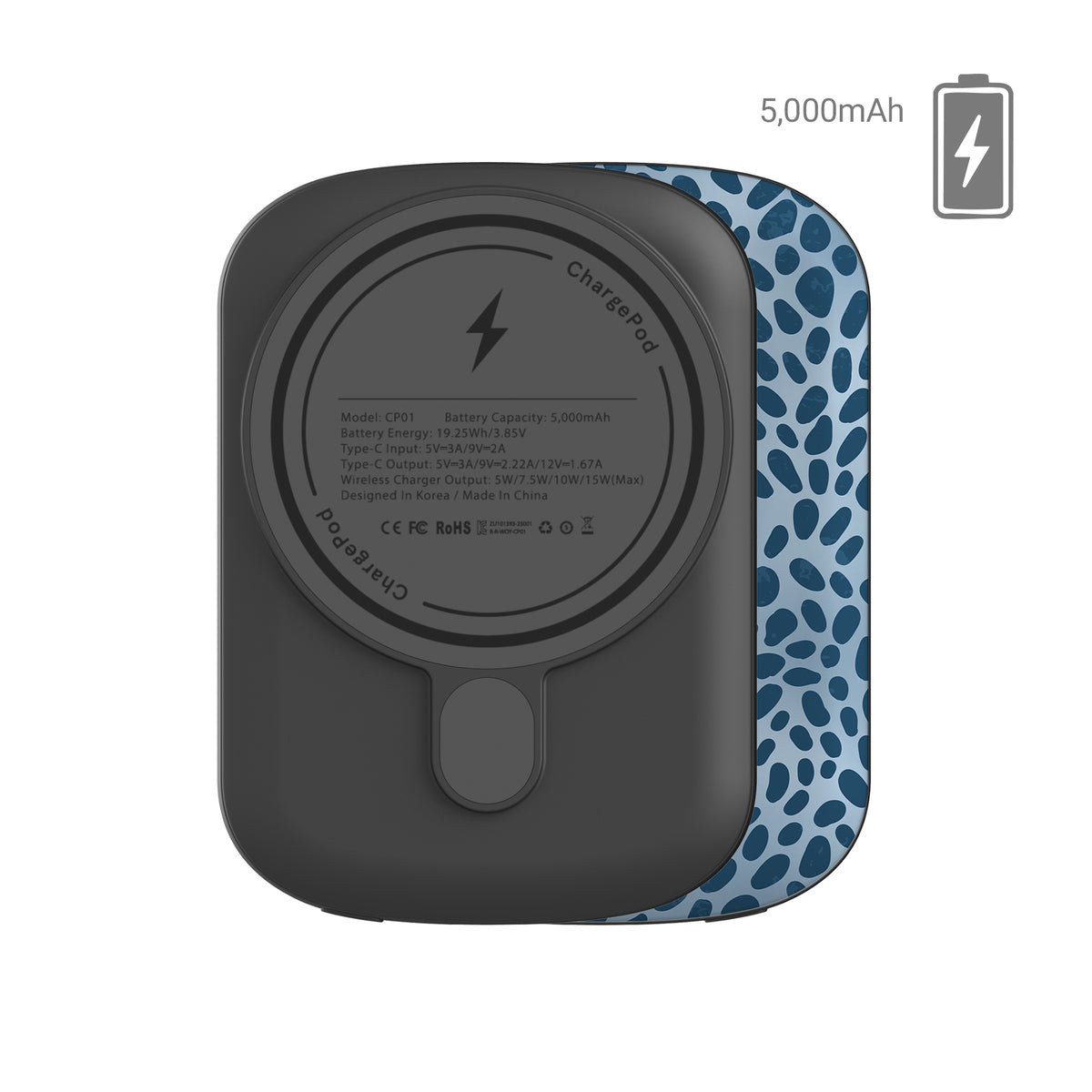 Poppy Blue Power Bank with deep blue animal spots scattered over powder blue from the Wild Atelier collection.