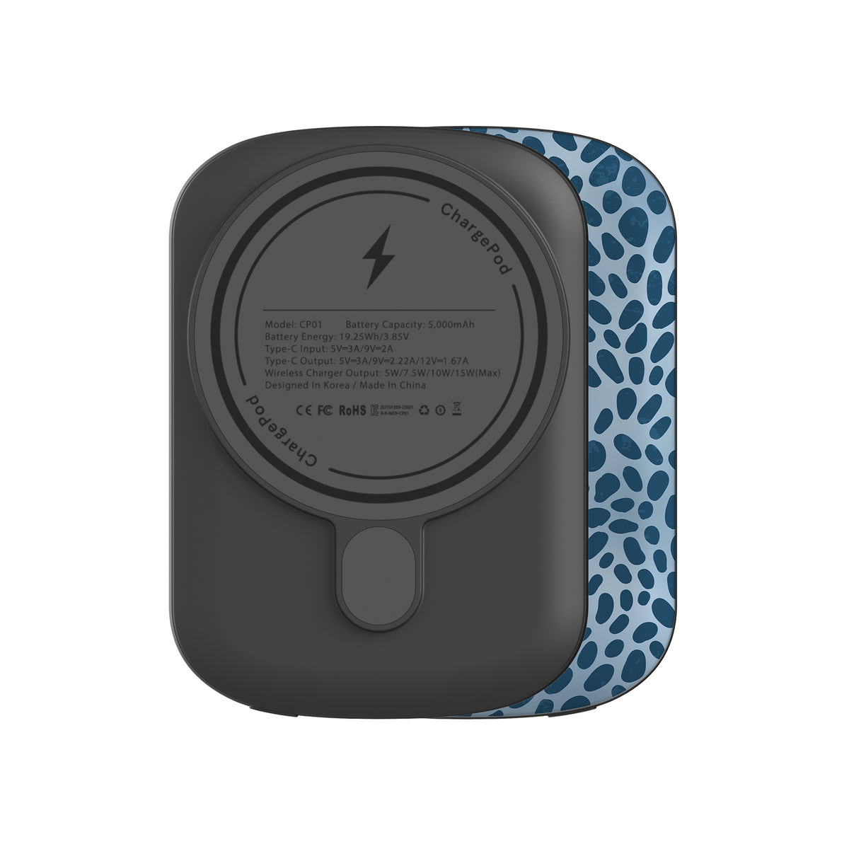 Poppy Blue Power Bank with deep blue animal spots scattered over powder blue from the Wild Atelier collection.