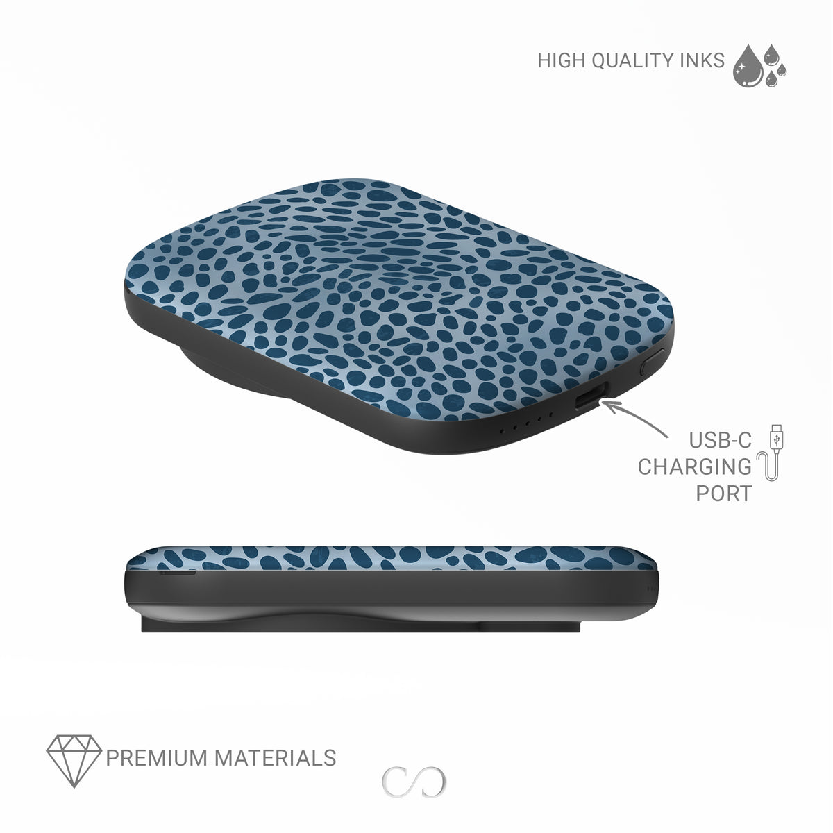 Poppy Blue Power Bank with deep blue animal spots scattered over powder blue from the Wild Atelier collection.