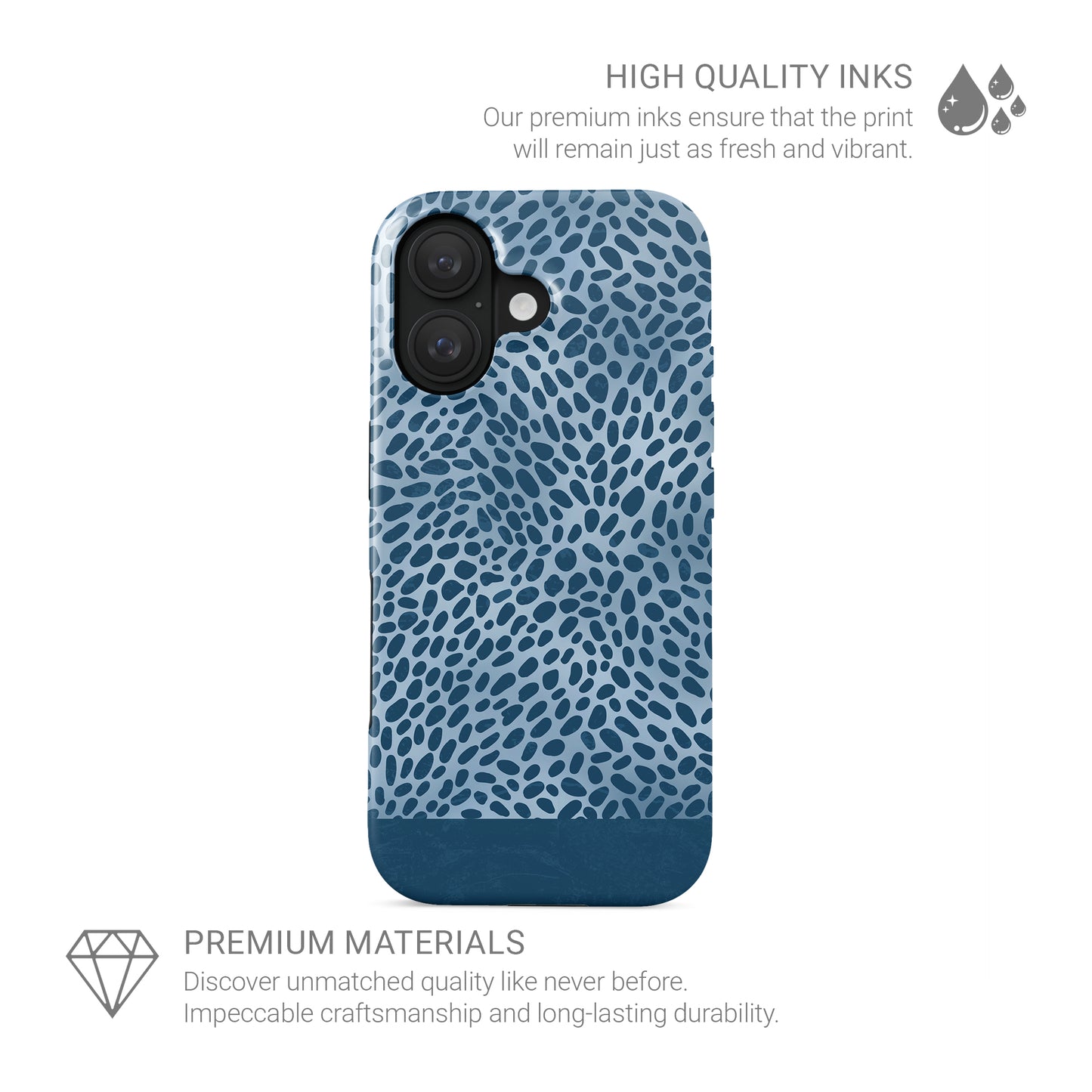 Poppy Blue MagSafe Tough Phone Case with deep blue animal spots scattered over powder blue from the Wild Atelier collection.
