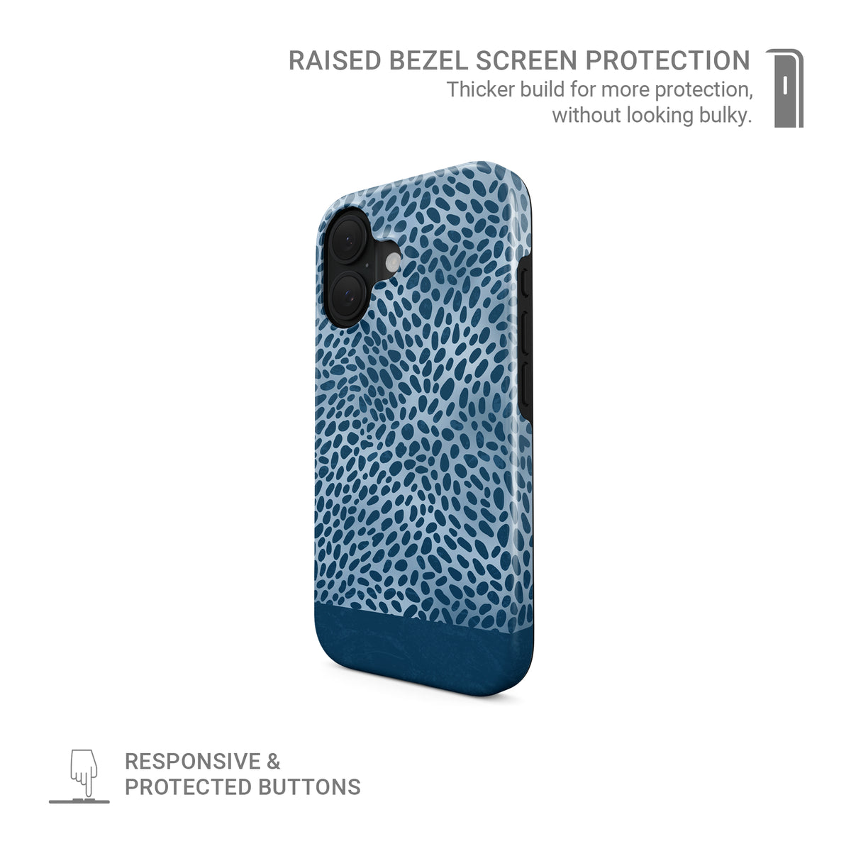 Poppy Blue MagSafe Tough Phone Case with deep blue animal spots scattered over powder blue from the Wild Atelier collection.
