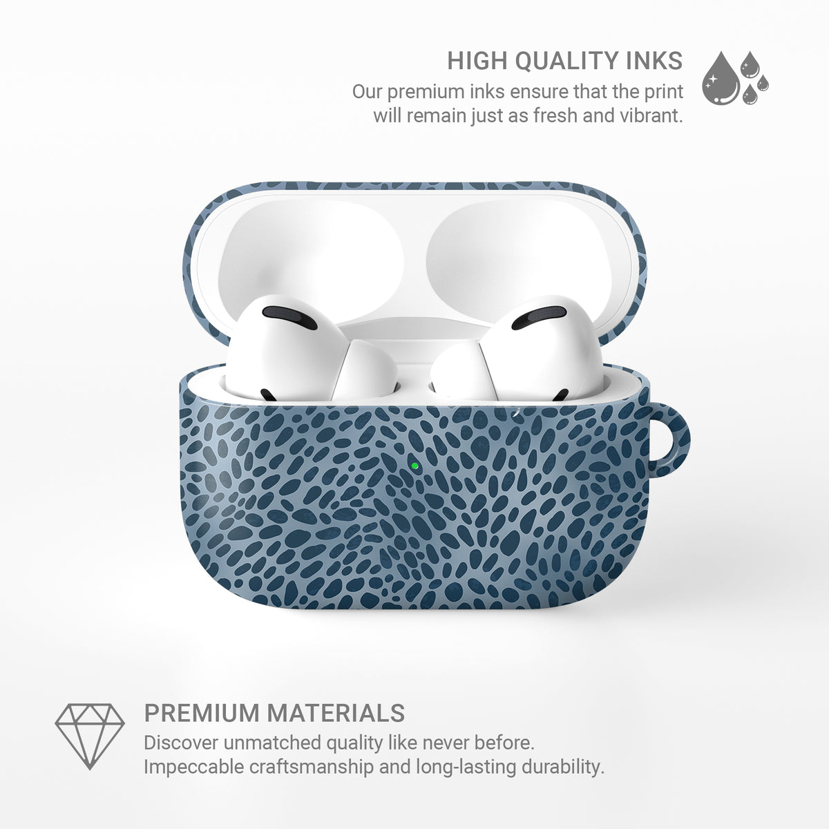 Poppy Blue AirPods Case with deep blue animal spots scattered over powder blue from the Wild Atelier collection.