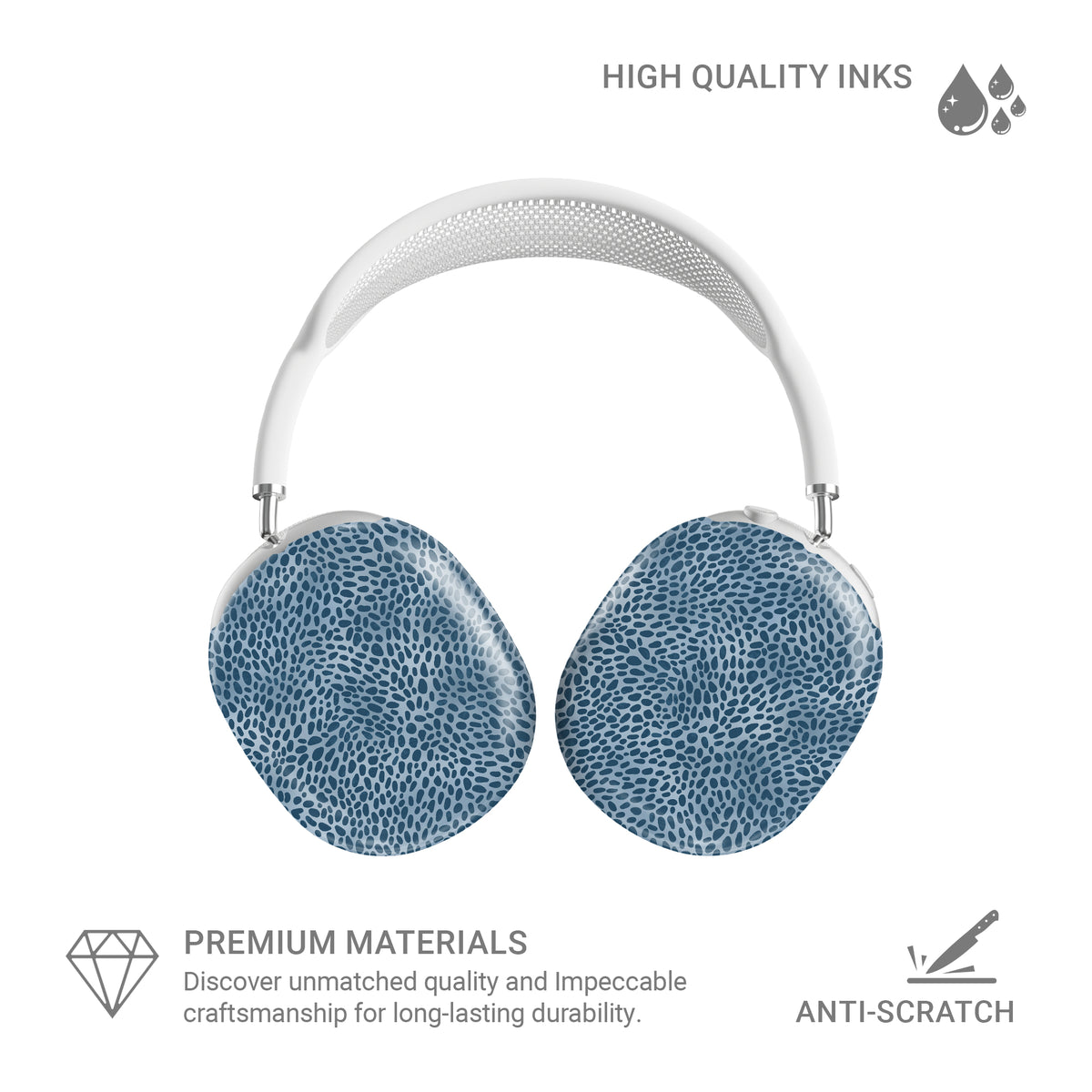 Poppy Blue AirPods Max Covers with deep blue animal spots scattered over powder blue from the Wild Atelier collection.