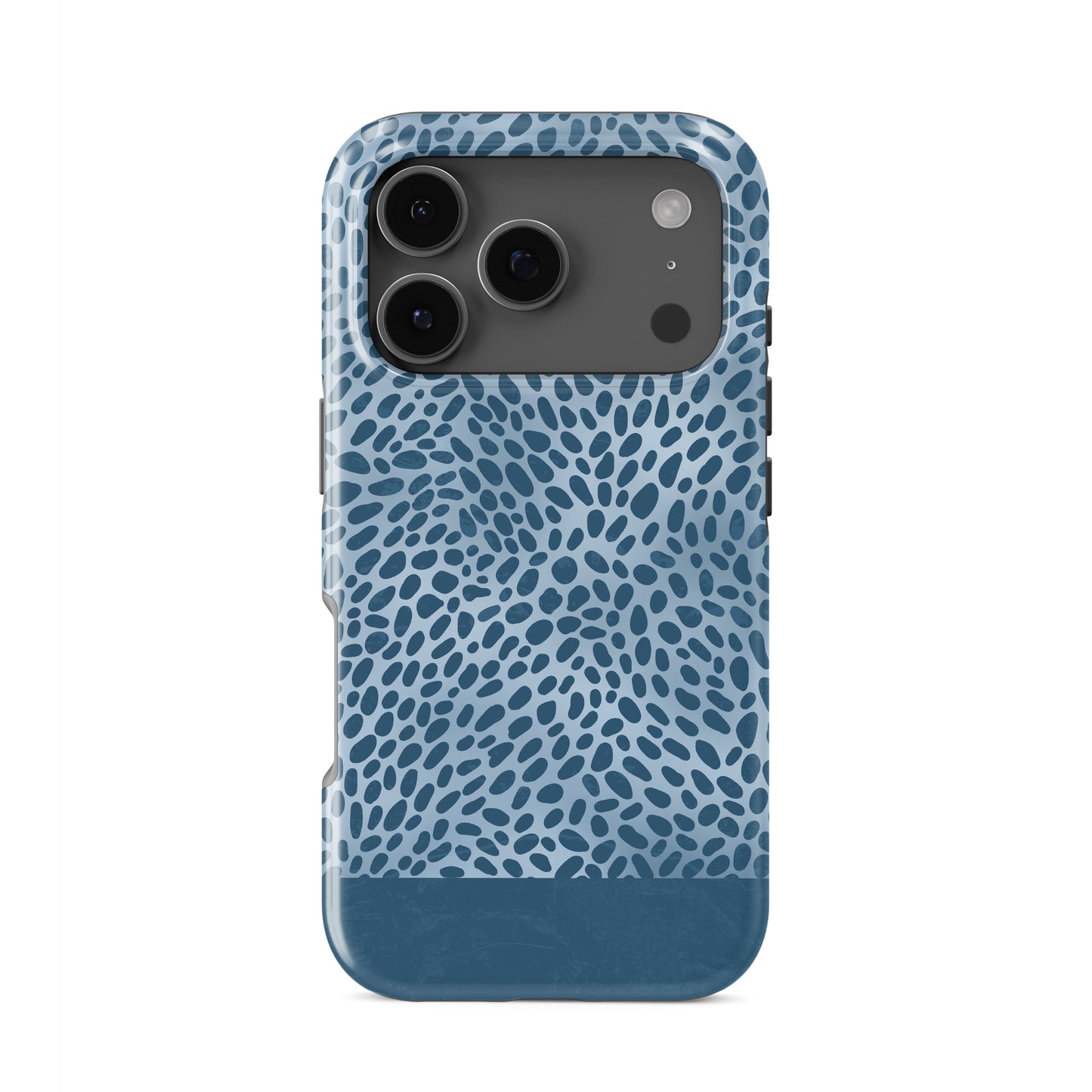 Poppy Blue Tough Phone Case with deep blue animal spots scattered over powder blue from the Wild Atelier collection.
