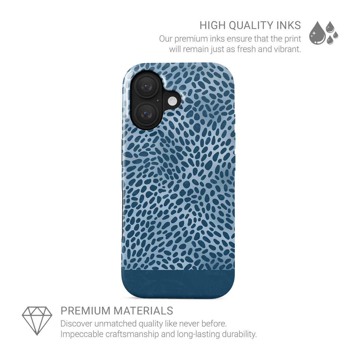 Poppy Blue Tough Phone Case with deep blue animal spots scattered over powder blue from the Wild Atelier collection.
