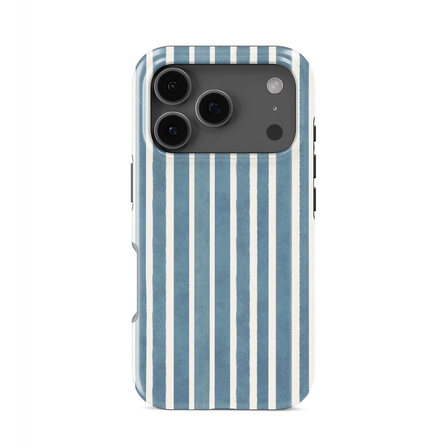 Blue striped tough phone case with Harbour Blue Stripes coastal print on a glossy dual layer phone case by Case & Charm.