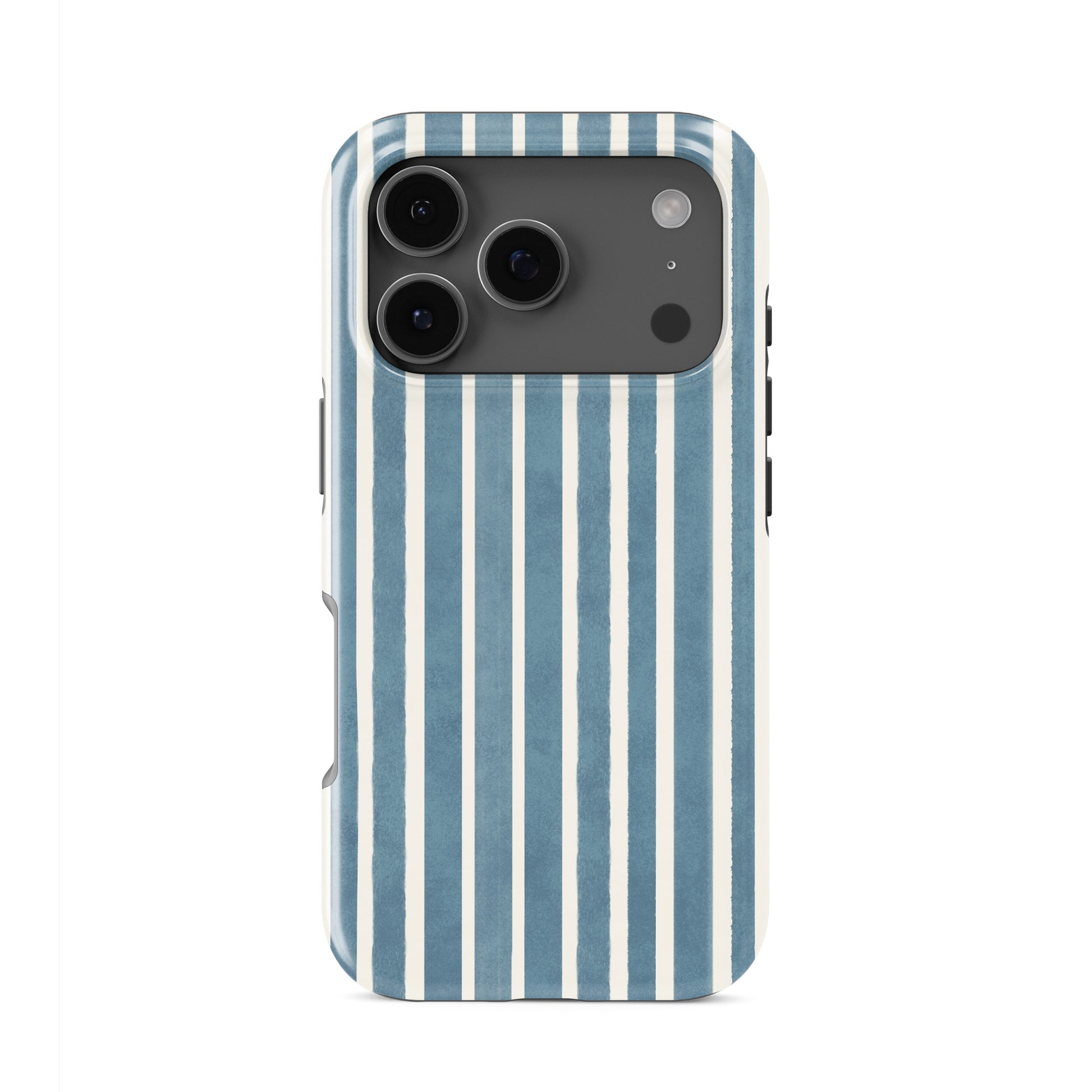Blue striped tough phone case with Harbour Blue Stripes coastal print on a glossy dual layer phone case by Case & Charm.