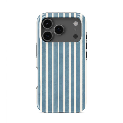 Blue striped tough phone case with Harbour Blue Stripes coastal print on a glossy dual layer phone case by Case & Charm.