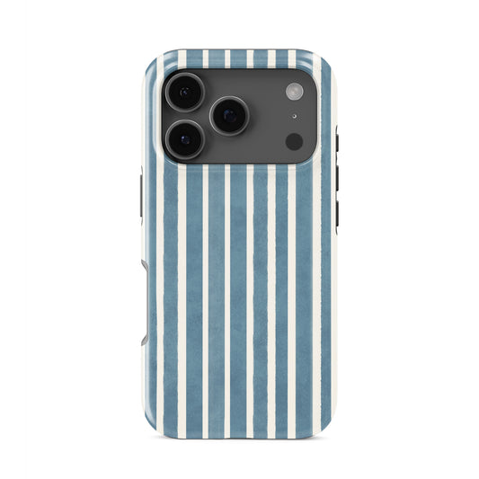 Blue striped tough phone case with Harbour Blue Stripes coastal print on a glossy dual layer phone case by Case & Charm.