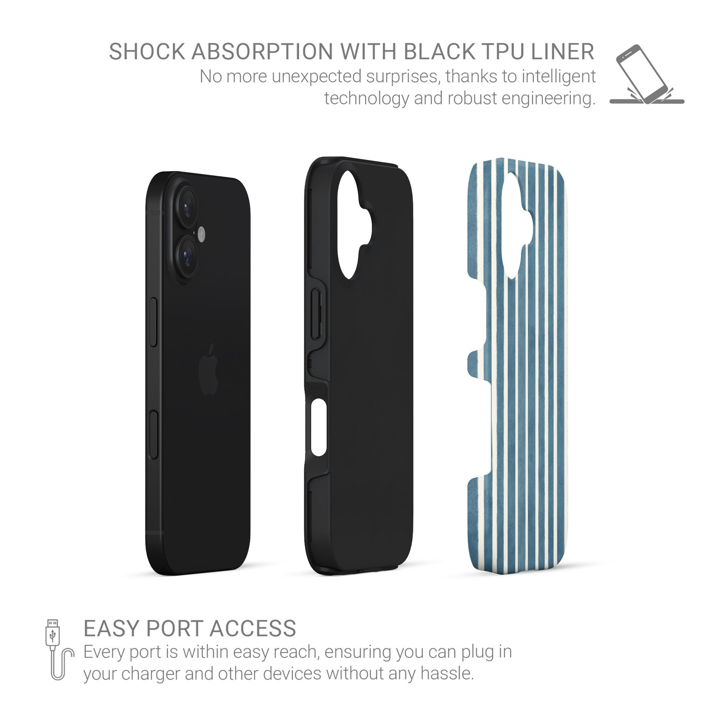 Blue striped tough phone case with Harbour Blue Stripes coastal print on a glossy dual layer phone case by Case & Charm.