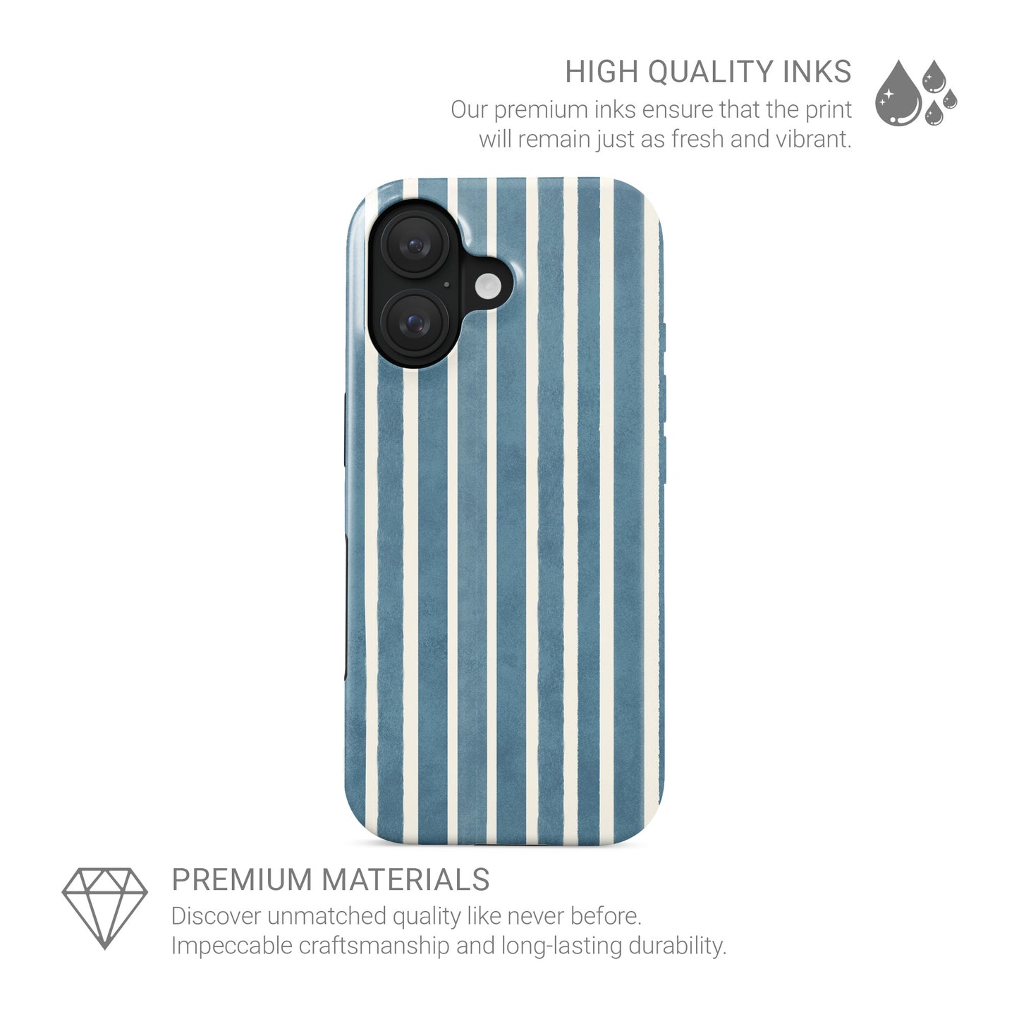 Blue striped tough phone case with Harbour Blue Stripes coastal print on a glossy dual layer phone case by Case & Charm.