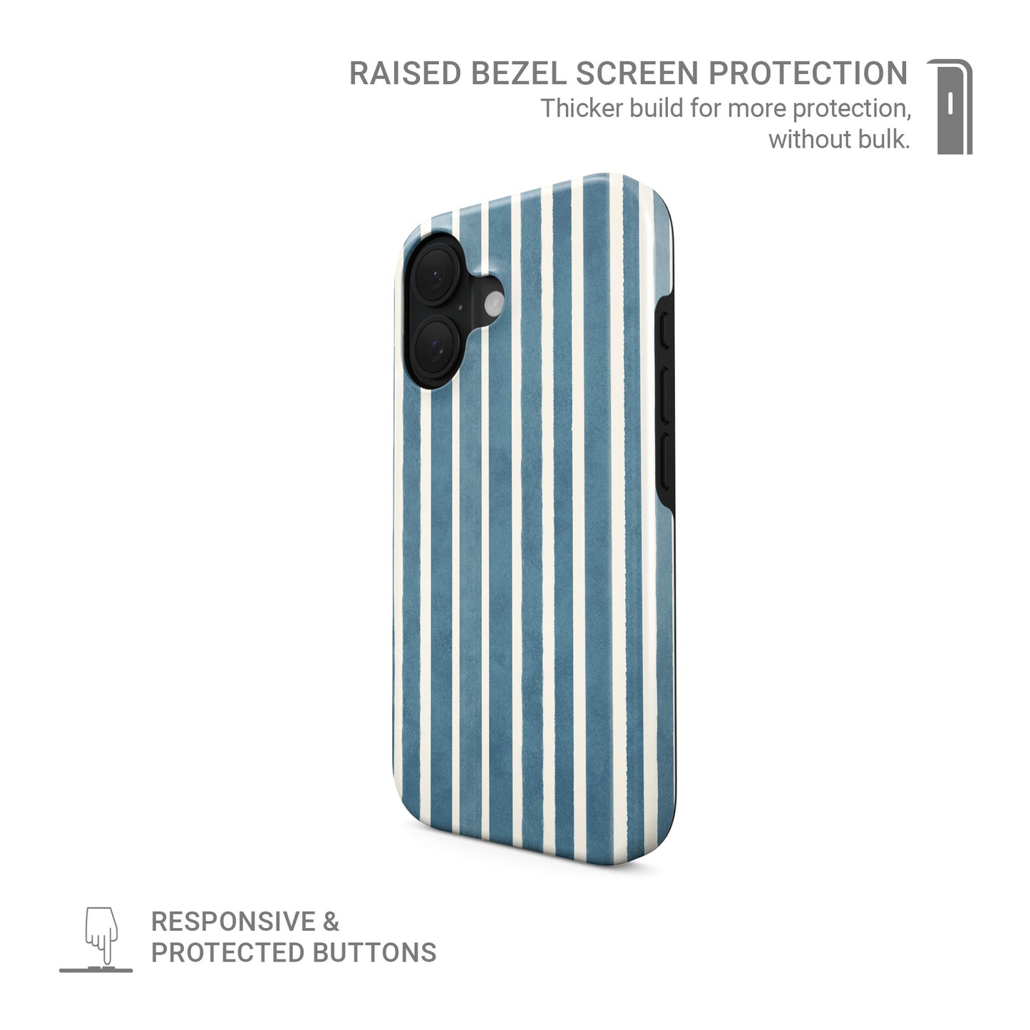 Blue striped tough phone case with Harbour Blue Stripes coastal print on a glossy dual layer phone case by Case & Charm.