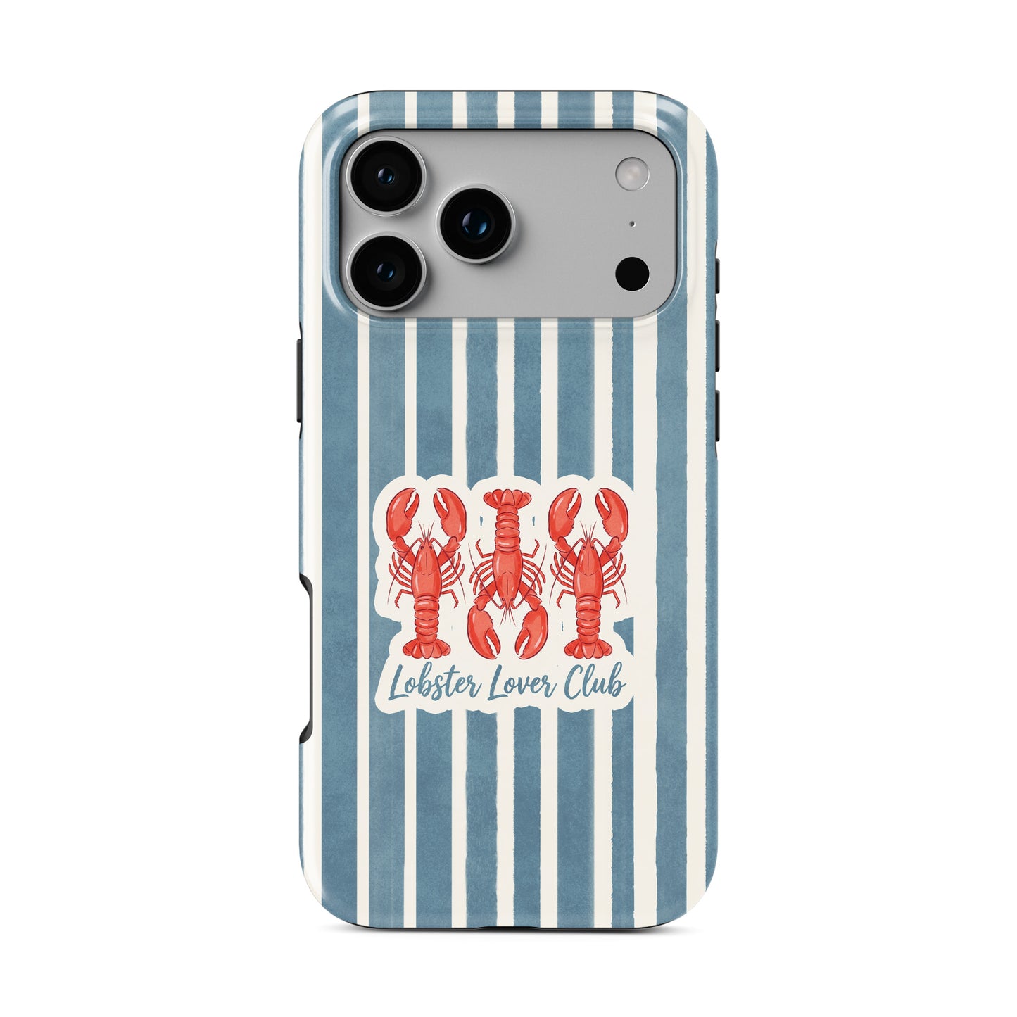 MagSafe tough phone case design with three red lobsters, blue vertical stripes and the words Lobster Lover Club.