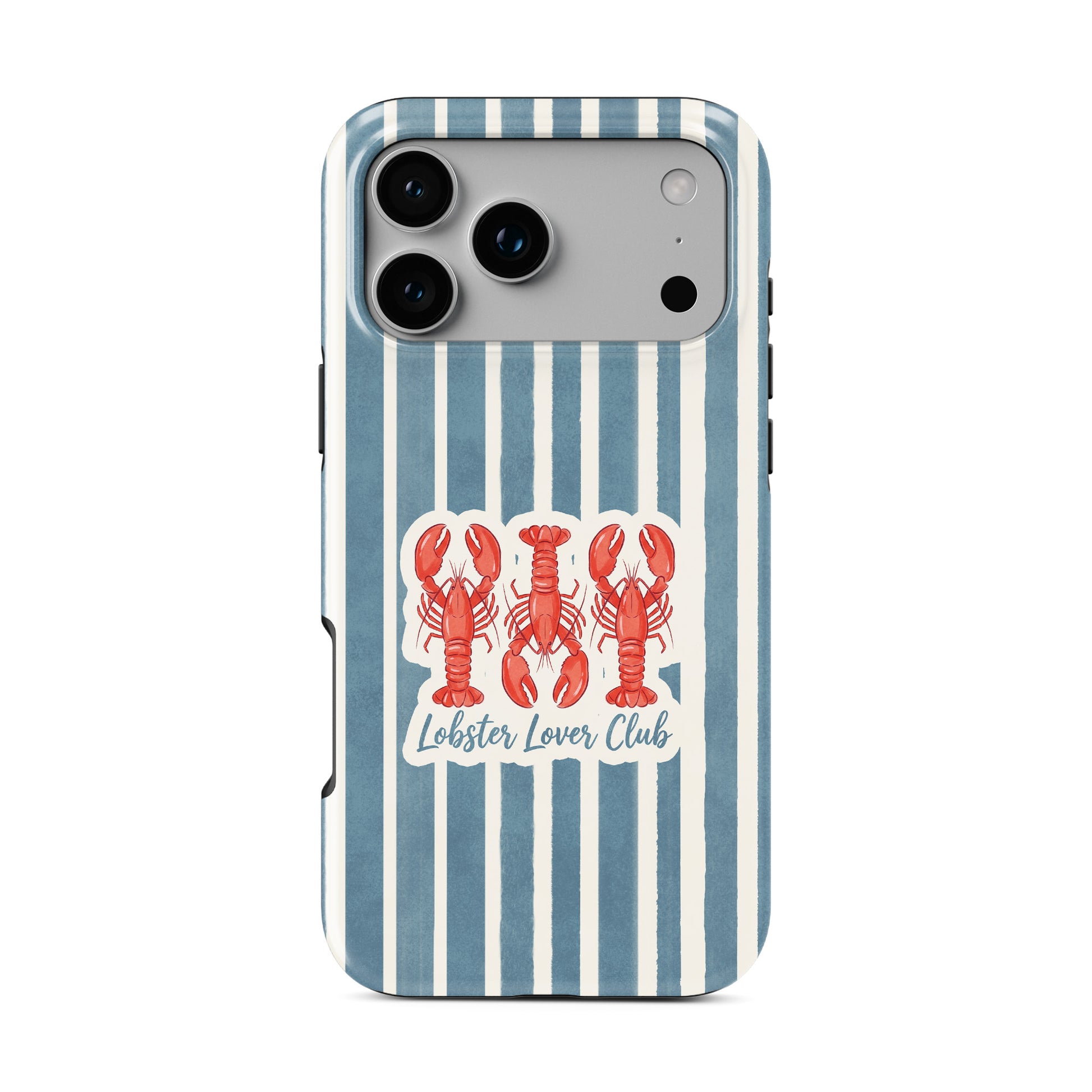 MagSafe tough phone case design with three red lobsters, blue vertical stripes and the words Lobster Lover Club.