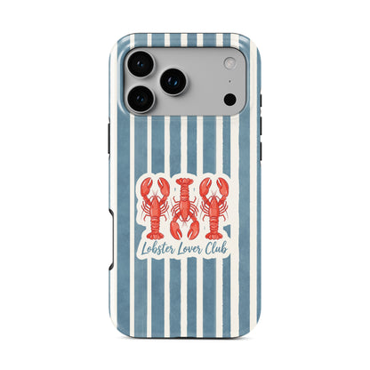 MagSafe tough phone case design with three red lobsters, blue vertical stripes and the words Lobster Lover Club.