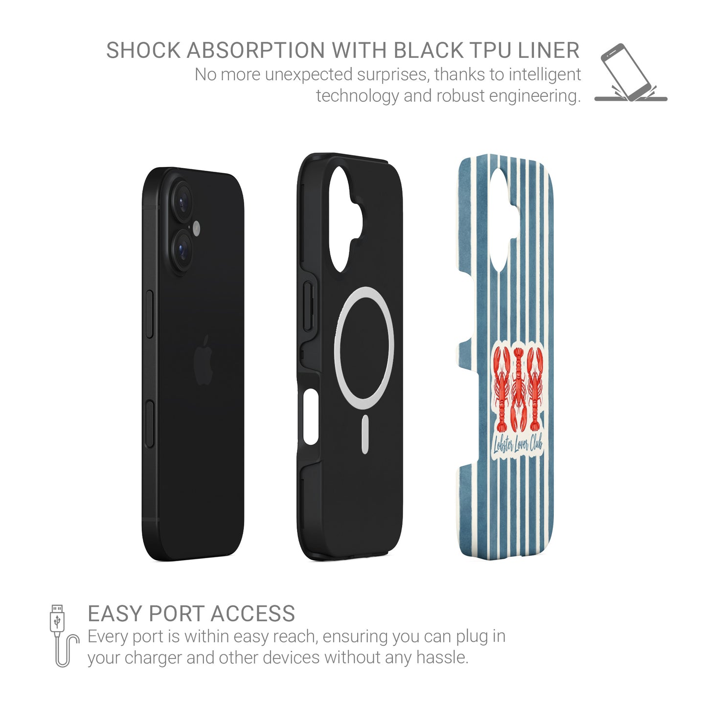 MagSafe tough phone case design with three red lobsters, blue vertical stripes and the words Lobster Lover Club.