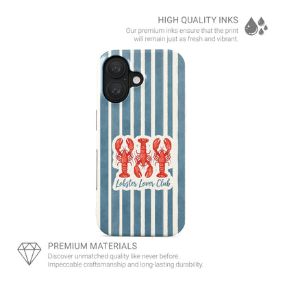 MagSafe tough phone case design with three red lobsters, blue vertical stripes and the words Lobster Lover Club.