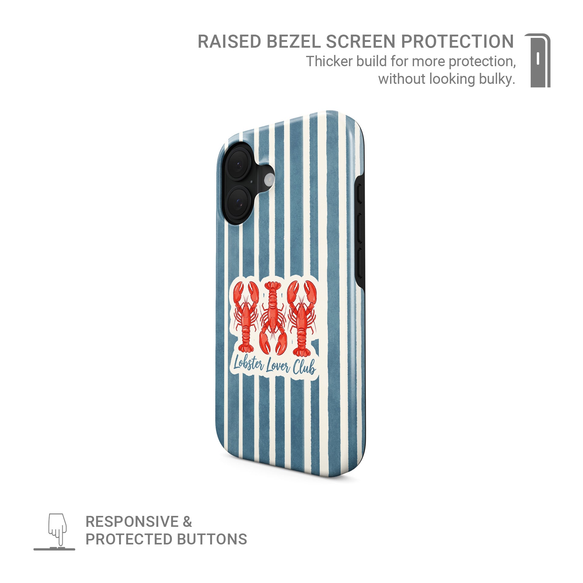 MagSafe tough phone case design with three red lobsters, blue vertical stripes and the words Lobster Lover Club.