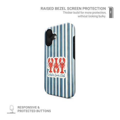 MagSafe tough phone case design with three red lobsters, blue vertical stripes and the words Lobster Lover Club.