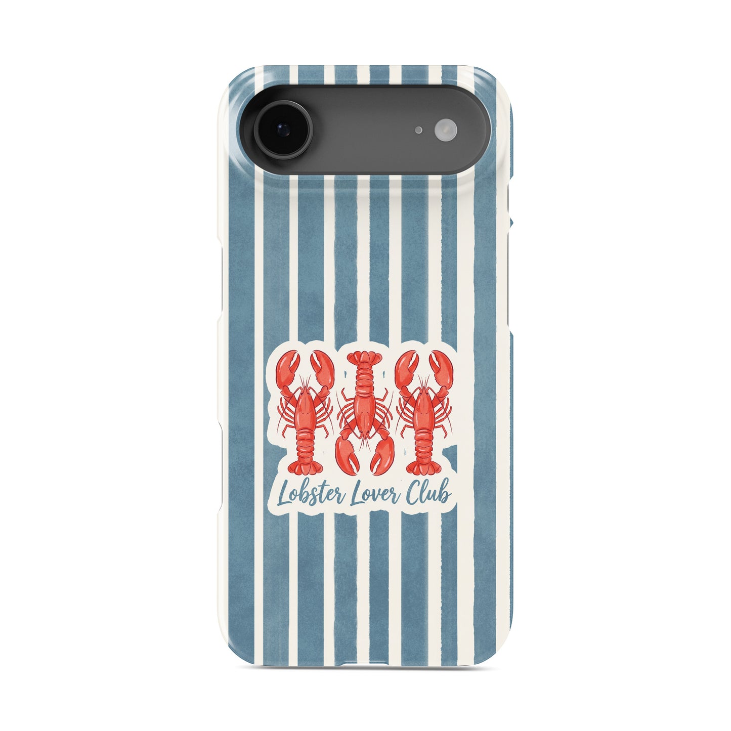 Lobster Lover Club Snap Phone Case with red lobster illustration and blue striped nautical background.