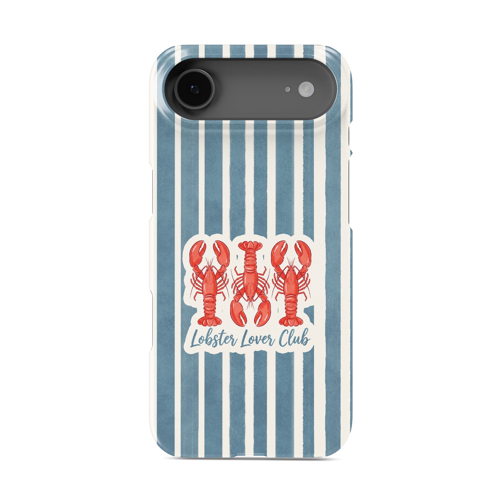 Lobster Lover Club Snap Phone Case with red lobster illustration and blue striped nautical background.