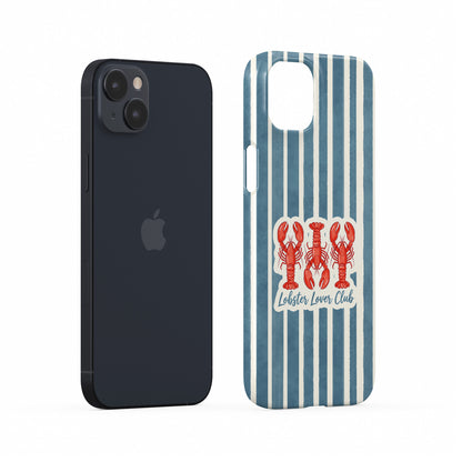 Lobster Lover Club Snap Phone Case with red lobster illustration and blue striped nautical background.