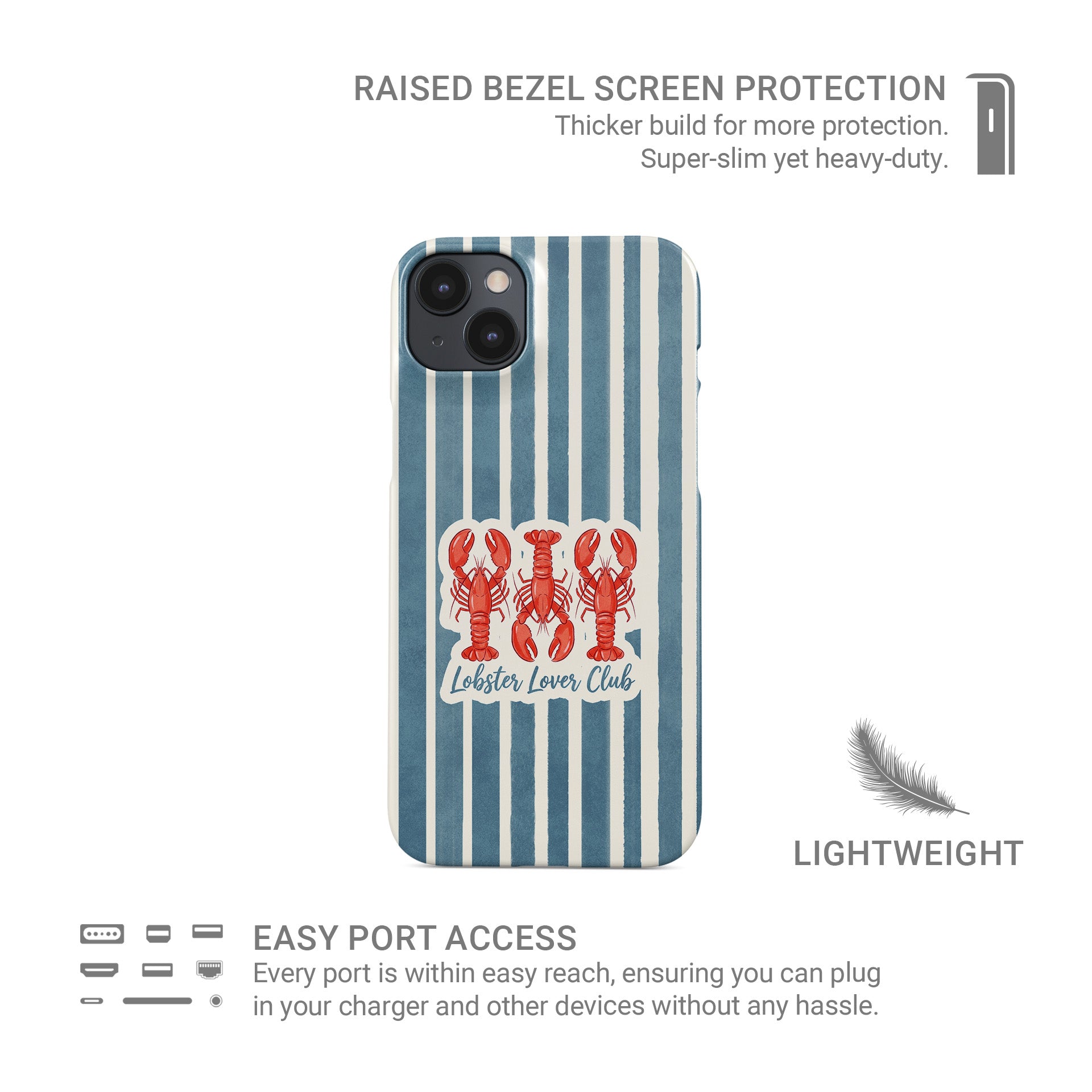 Lobster Lover Club Snap Phone Case with red lobster illustration and blue striped nautical background.