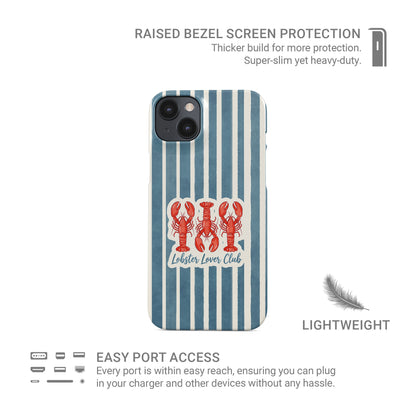 Lobster Lover Club Snap Phone Case with red lobster illustration and blue striped nautical background.