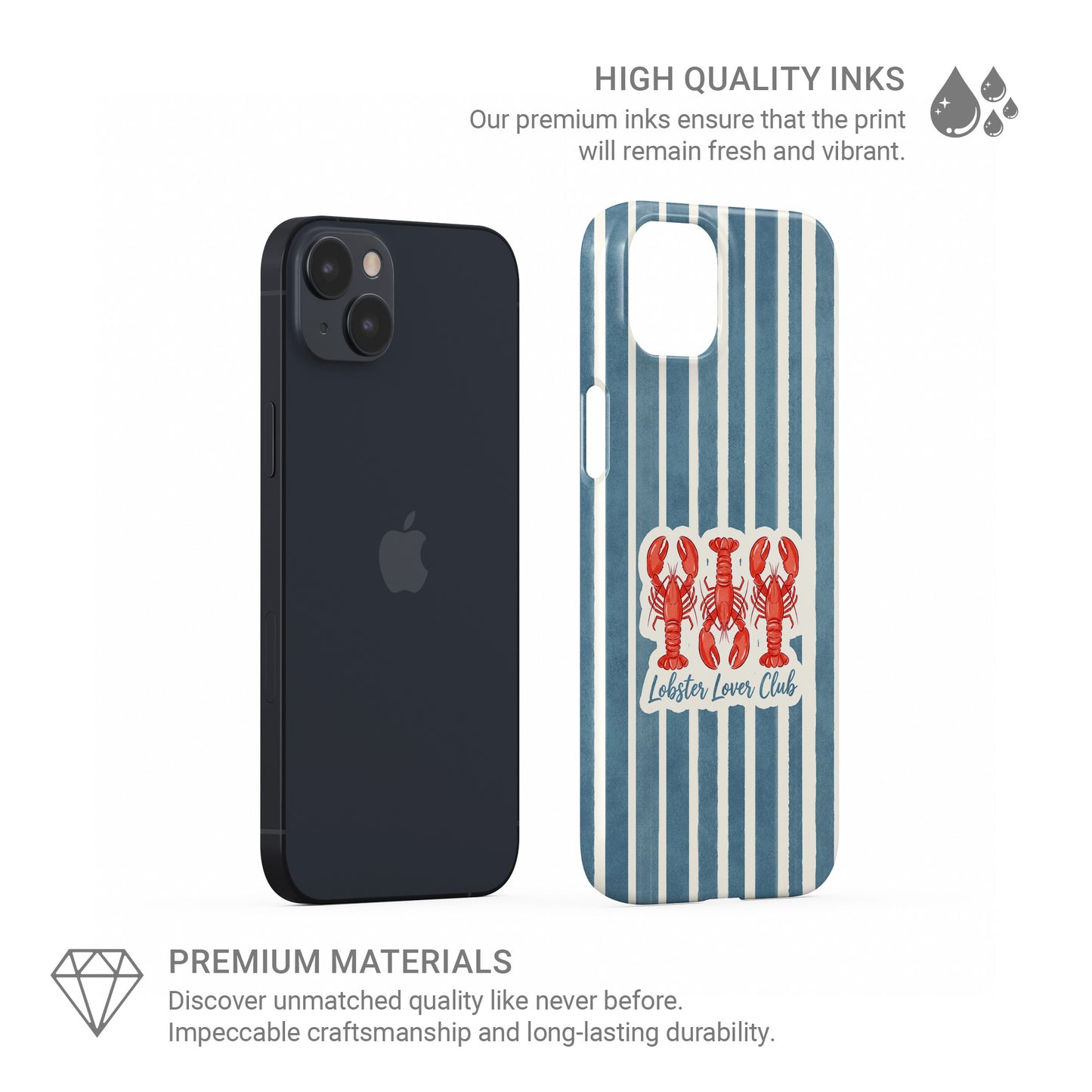 Lobster Lover Club Snap Phone Case with red lobster illustration and blue striped nautical background.