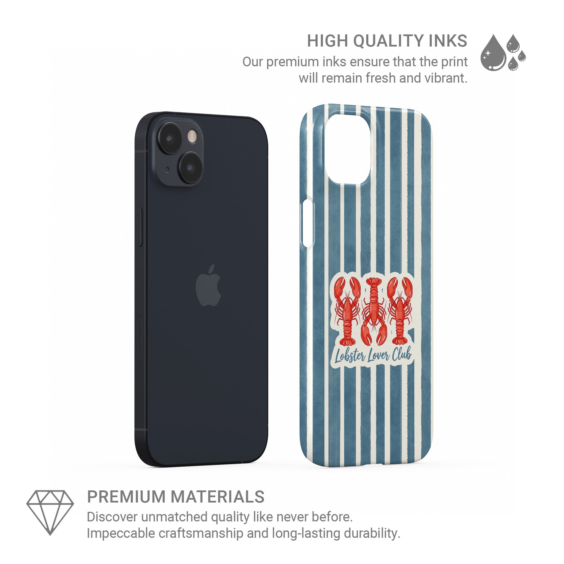 Lobster Lover Club Snap Phone Case with red lobster illustration and blue striped nautical background.